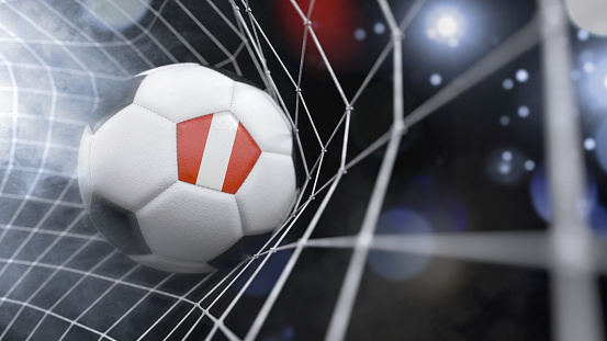 Very realistic rendering of a soccer ball with the flag of Peru in the net.(3D illustration series)