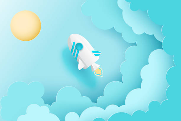 istock Paper art of space shuttle launch to the sky. Blue sky, sun, fluffy paper cloud. Rocket launch. Start up business concept and exploration idea 951121530