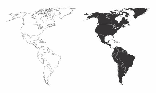 Maps of the Americas Simplified maps of the americas with countries boundaries. Black and white outlines. The Americas stock illustrations