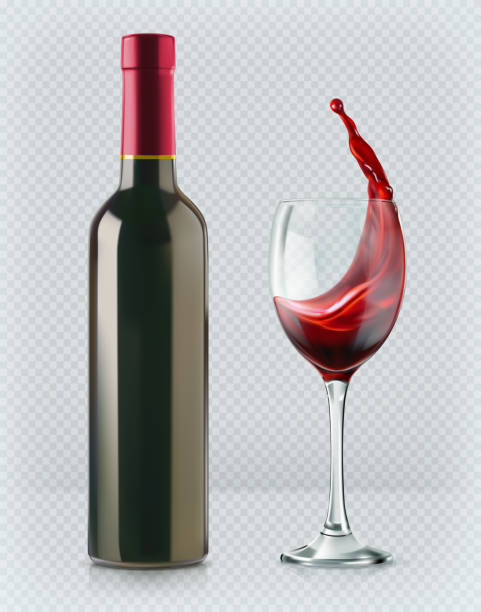 illustrazioni stock, clip art, cartoni animati e icone di tendenza di bottiglia di vino e bicchiere da vino. spruzzo rosso. realismo 3d, icona vettoriale con trasparenza - wine bottle bottle burgundy wine