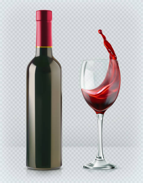 ilustrações de stock, clip art, desenhos animados e ícones de bottle of wine and wineglass. red splash. 3d realism, vector icon with transparency - wineglass wine glass red wine