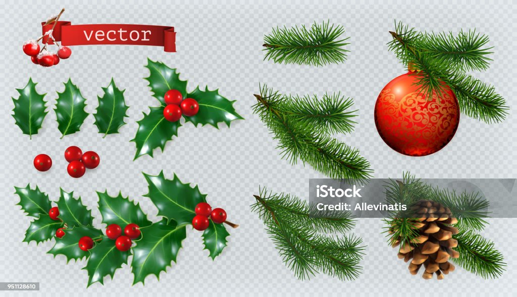 クリスマスの装飾。ホリー、スプルース、赤い果実、クリスマス安物の宝石、松かさ。3 d のリアルなベクター アイコン セット - クリスマスのロイヤリティフリーベクトルアート