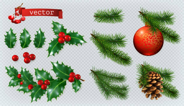 ozdoby świąteczne. ostrokrzew, świerk, czerwone jagody, bombka świąteczna, stożek iglasty. 3d realistyczny zestaw ikon wektorowych - christmas tree branch stock illustrations