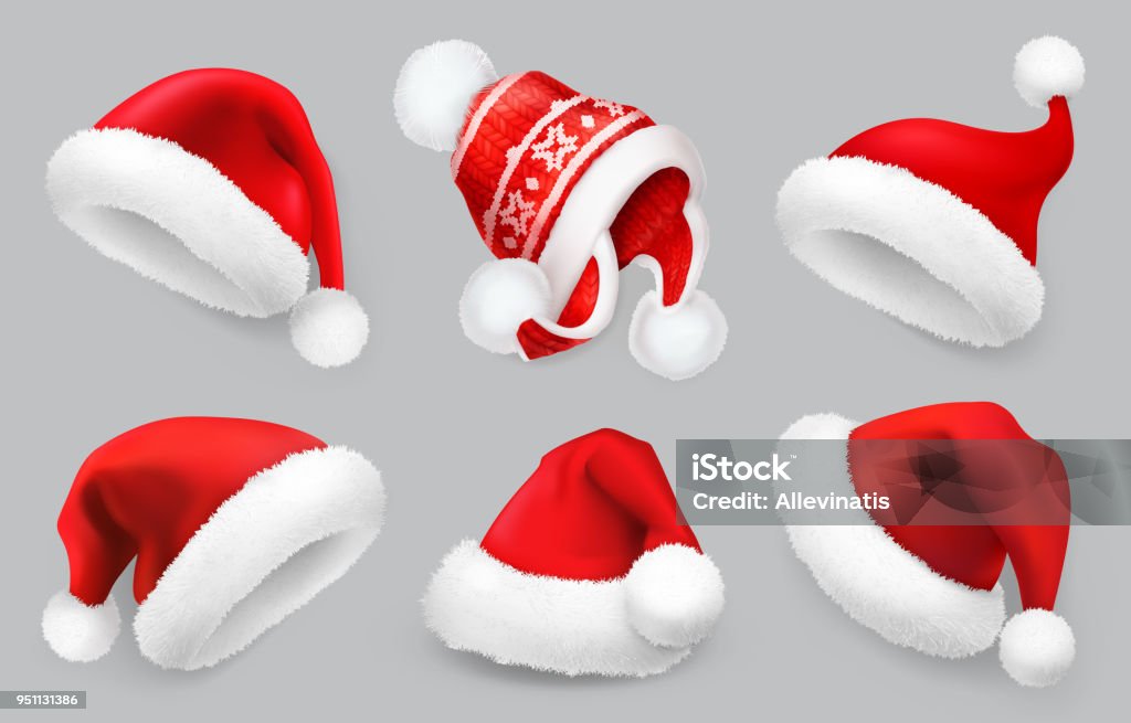 Sombrero de Santa Claus. Ropa de invierno. Navidad 3d icono vector realista establece - arte vectorial de Gorro de Papá Noel libre de derechos