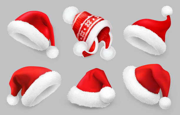산타 클로스 모자입니다. 겨울 의류입니다. 크리스마스 3d 현실적인 벡터 아이콘 세트 - santa claus white background christmas holidays and celebrations stock illustrations