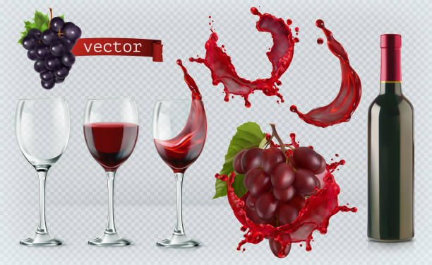 rotwein. gläser, flasche, splash, trauben. 3d realistische vektor icon-set - wineglass red wine wine liquid stock-grafiken, -clipart, -cartoons und -symbole