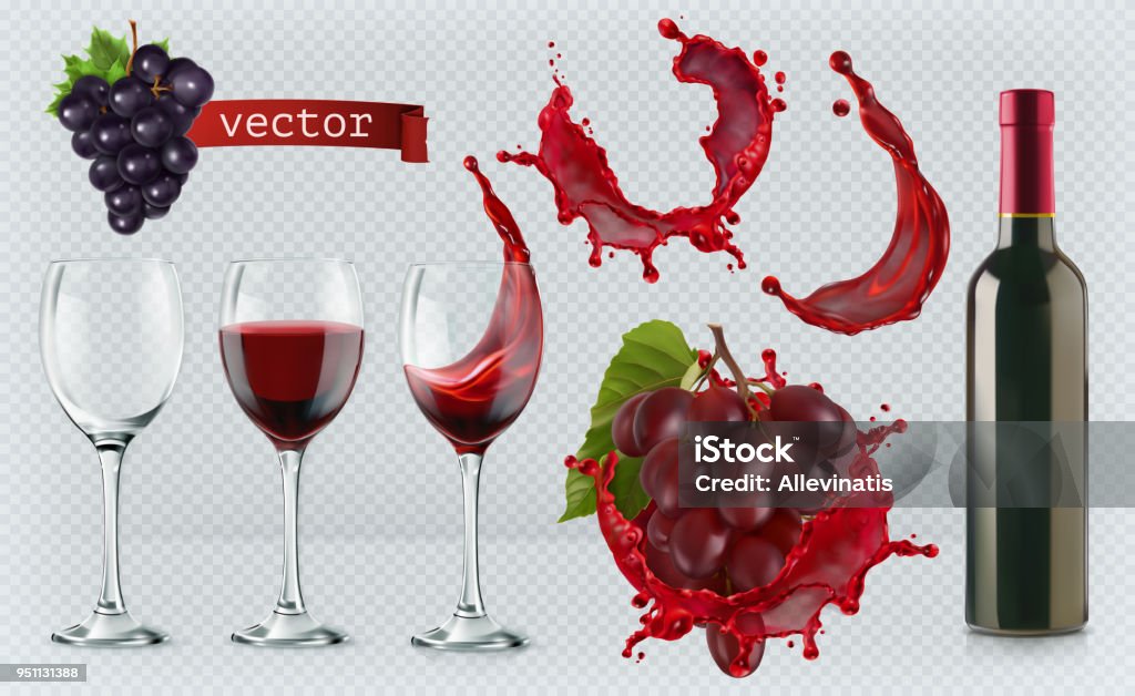 Red wine. Glasses, bottle, splash, grapes. 3d realistic vector icon set Wine stock vector