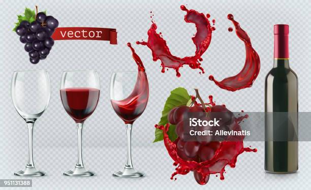 Red Wine Glasses Bottle Splash Grapes 3d Realistic Vector Icon Set Stock Illustration - Download Image Now