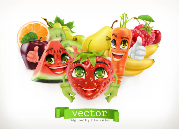 illustrazioni stock, clip art, cartoni animati e icone di tendenza di fragola, anguria, carota e frutti succosi. divertenti personaggi dei cartoni animati. cibo per bambini, illustrazione vettoriale 3d - baby carrot illustrations