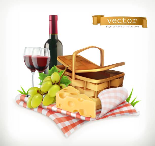 czas na piknik, przyrodę, rekreację na świeżym powietrzu, obrus i kosz piknikowy, kieliszki do wina, ser i winogrona, ilustracja wektorowa - cheese wine white background grape stock illustrations