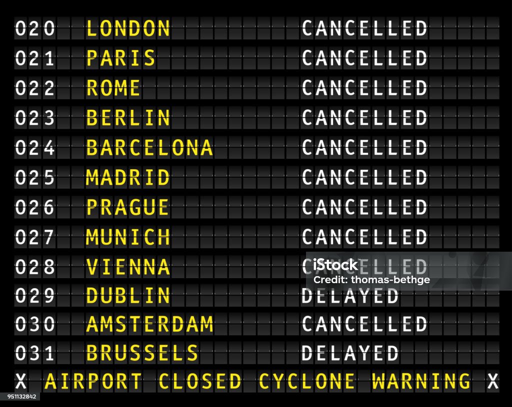 Vol d’informations sur l’aéroport d’affichage des vols annulés pendant un cyclone, vector - clipart vectoriel de Aéroport libre de droits