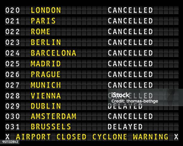 Flight Information On Airport Displaying Cancelled Flights During A Cyclone Vector Stock Illustration - Download Image Now
