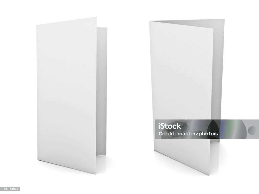 Blank brochure or flyer isolated on white background with reflection Blank brochure or flyer isolated on white background with reflection. Brochure Stock Photo