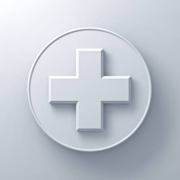 White plus sign abstract on round signboard over white wall background with shadow. 3D rendering.