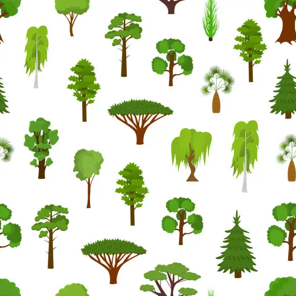 Vector illustration of Different Green Tree Types Seamless Pattern Background. Vector