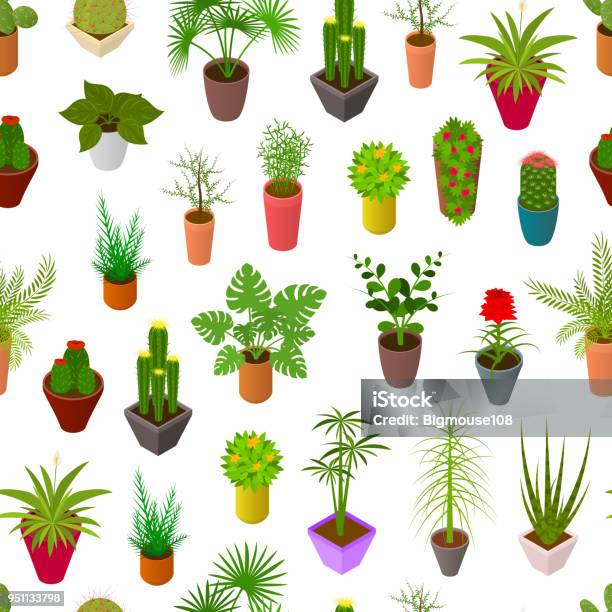 Green Plants In Pot Seamless Pattern Background 3d Isometric View Vector Stock Illustration - Download Image Now