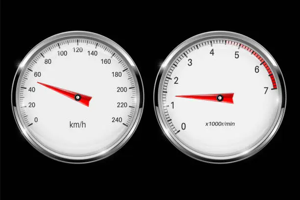 Vector illustration of Speedometer and tachometer. Round gage with metal frame on black background