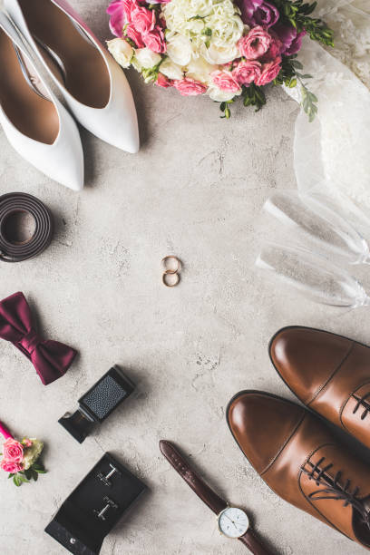 istock top view of wedding accessories on gray surface 951147372