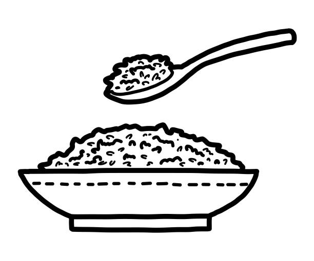Rice Dish And Spoon Stock Illustration - Download Image Now - Art, Black  And White, Boiled - iStock