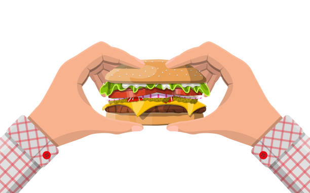 bildbanksillustrationer, clip art samt tecknat material och ikoner med läckra burger isolerade i händer - cafe buns eating