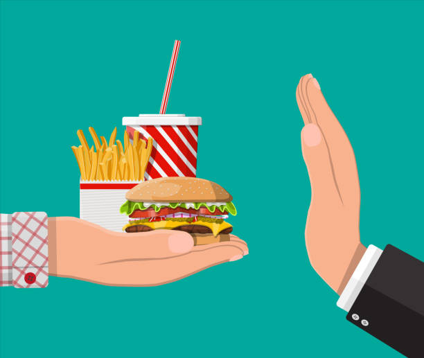 ilustrações de stock, clip art, desenhos animados e ícones de man refuses take fast food with hand gesture - burger sandwich hamburger eating