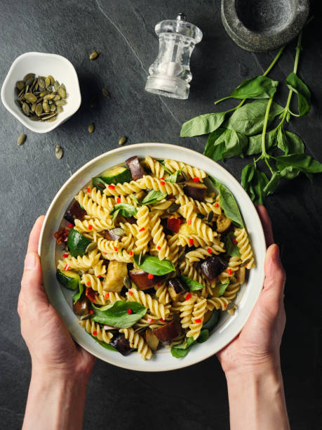 Healthy vegan pasta bowl with roasted vegetable