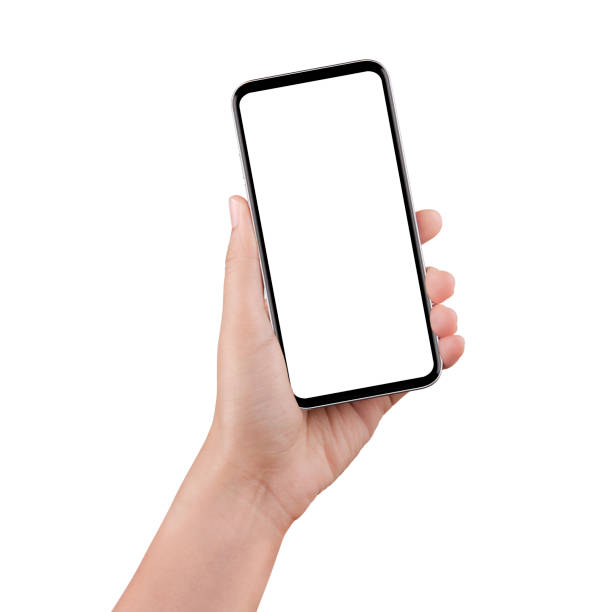 istock Isolated female hand holding a cellphone with white screen. 951154220