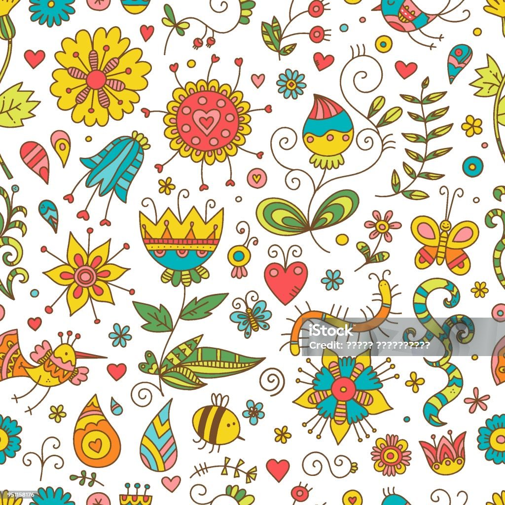 Summer pattern. Seamless pattern with cute cartoon insects and birds on white  background. Colorful flowers and plants of summer time. Vector contour doodle style image. Animal stock vector