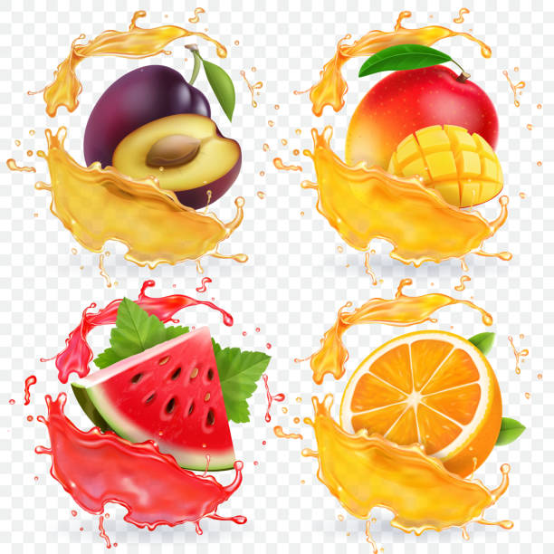 ilustrações de stock, clip art, desenhos animados e ícones de orange, watermelon, plum and mango juice - plum fruit organic food and drink