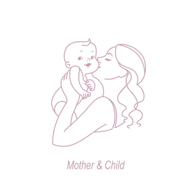 Mother and child line . Symbol of baby care. Family, health and medicine emblem. Design template for your product. Vector monochrome icon illustration. mother drawings stock illustrations
