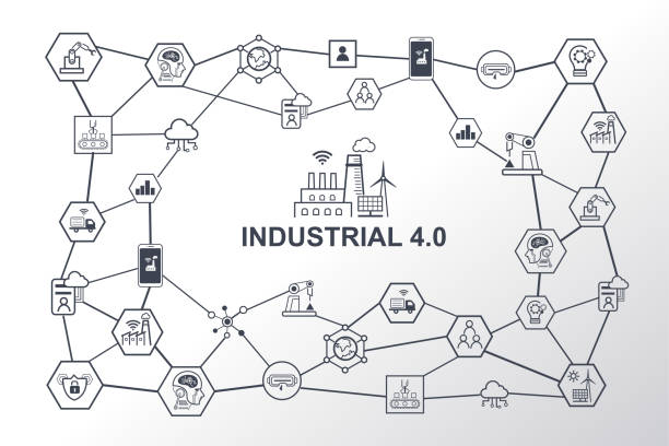 4.0 산업과 스마트 프로덕션 아이콘 설정: 스마트 산업 혁명, 자동화, 로봇 도우미, 구름 및 혁신. - industrial age stock illustrations