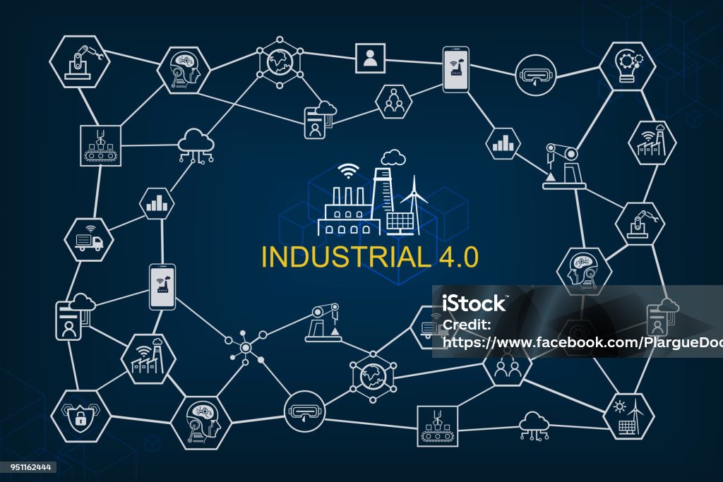 Industria 4.0 y el icono de smart producciones set: smart revolución industrial, automatización, robots asistentes, nube e innovación. - arte vectorial de Revolución industrial libre de derechos