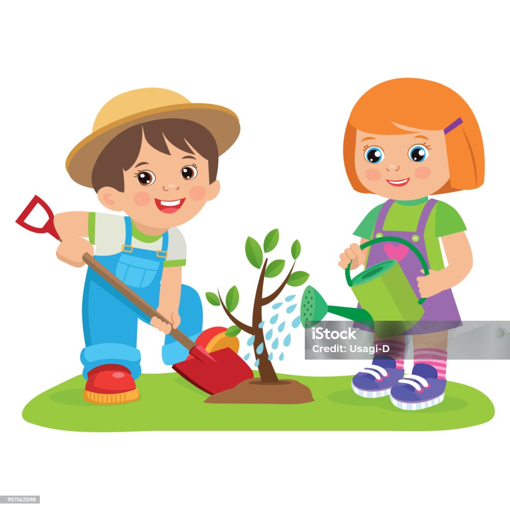Cute Cartoon Girl And Boy Working In The Garden Vector Illustration Kids  Plant A Tree Stock Illustration - Download Image Now - iStock