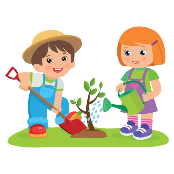 Vector illustration of Cute Cartoon Girl And Boy Working In The Garden Vector Illustration. Kids Plant A Tree.