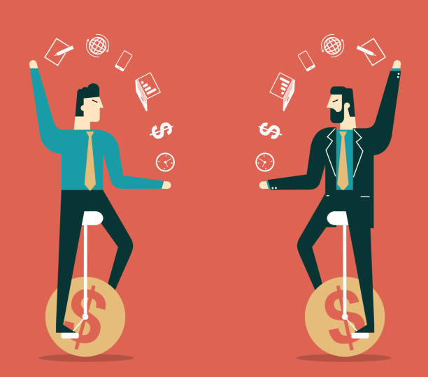 illustrazioni stock, clip art, cartoni animati e icone di tendenza di giocoliere infografico - uomo d'affari - juggling efficiency skill businessman