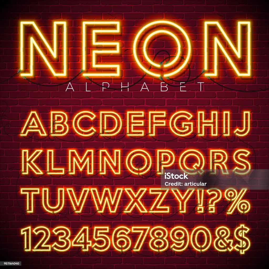 Bright Neon Alphabet on dark brick wall background. Vector number and symbol with shiny glow effect. Bright Neon Alphabet on dark brick wall background. Vector number and symbol with shiny glow effect Neon Lighting stock vector