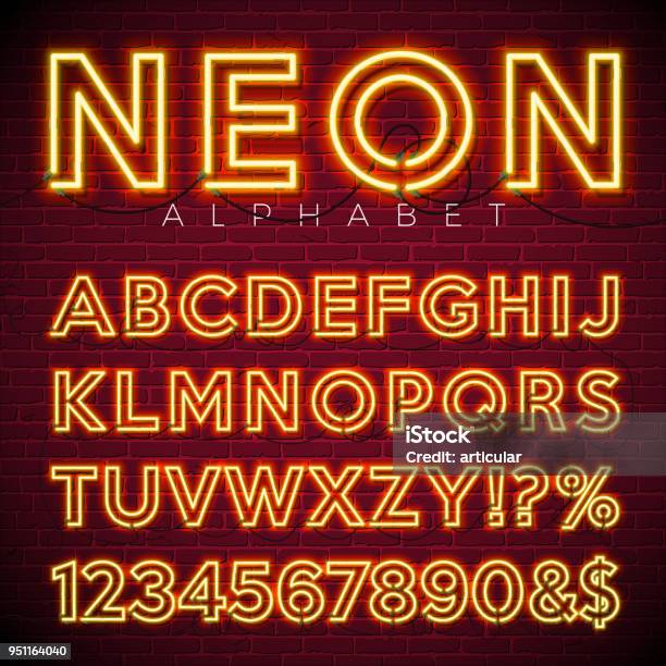 Bright Neon Alphabet On Dark Brick Wall Background Vector Number And Symbol With Shiny Glow Effect Stock Illustration - Download Image Now