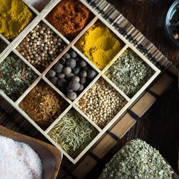 istock Fresh basil and dry set of spices. place for text 951169216