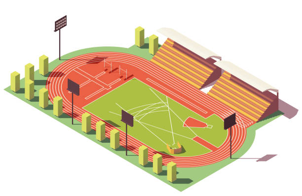 illustrazioni stock, clip art, cartoni animati e icone di tendenza di stadio vettoriale isometrico di atletica leggera - track and field stadium