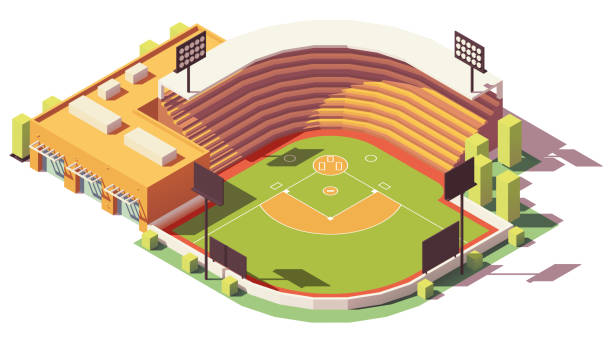 illustrazioni stock, clip art, cartoni animati e icone di tendenza di parco palla da baseball vettoriale isometrico low poly - stadio illustrazioni