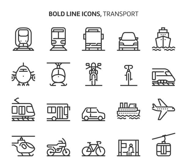 ilustrações, clipart, desenhos animados e ícones de transporte, ícones de linha em negrito - urban scene street car nobody