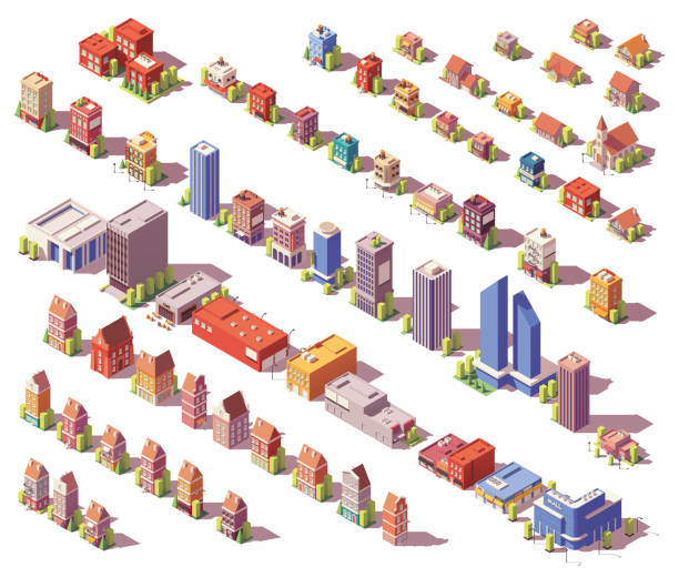 illustrazioni stock, clip art, cartoni animati e icone di tendenza di insieme di edifici poli isometrici vettoriali bassi - assonometria