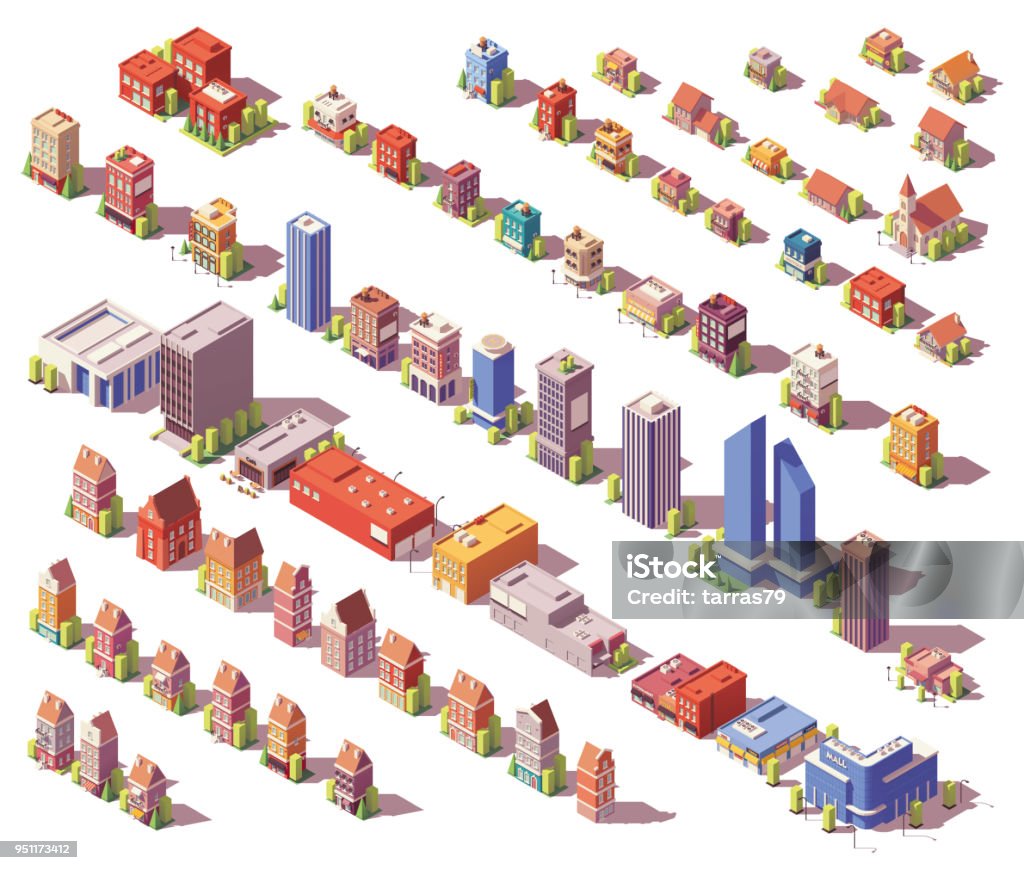 Vector low poly isometric buildings set Vector low poly isometric modern and old city buildings, houses and stores set Isometric Projection stock vector