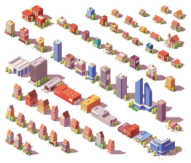 Vector low poly isometric buildings set Vector low poly isometric modern and old city buildings, houses and stores set competition round illustrations stock illustrations