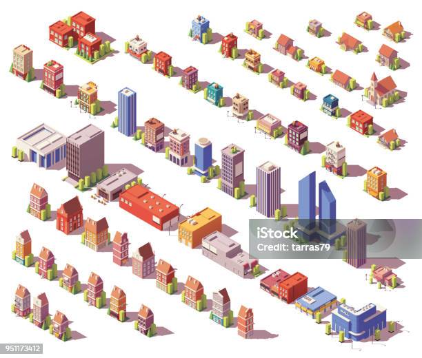 Vector Low Poly Isometric Buildings Set Stock Illustration - Download Image Now - Isometric Projection, City, Building Exterior