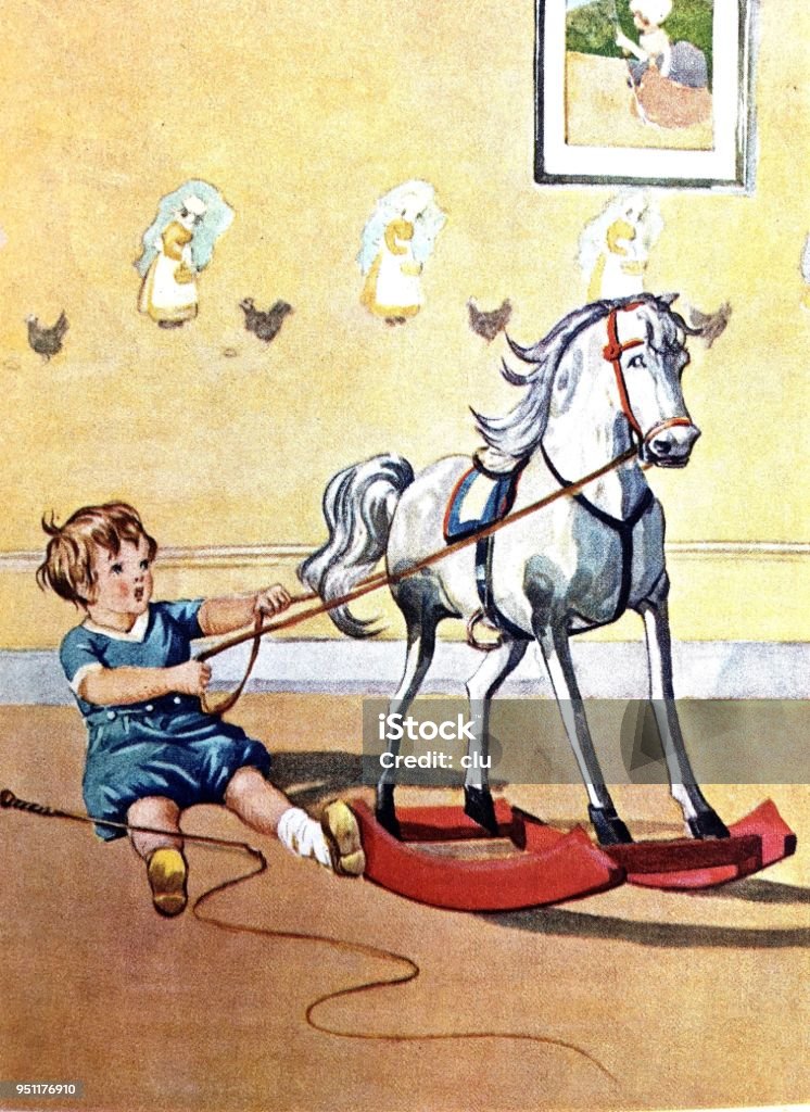 Boy playing with his rocking horse Illustration from 19th century Rocking Horse stock illustration