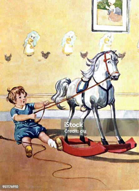 Boy Playing With His Rocking Horse Stock Illustration - Download Image Now - Rocking Horse, Archival, Old-fashioned
