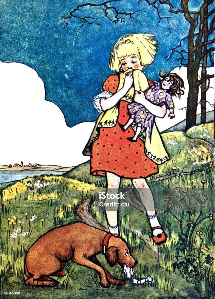 Girl with a doll in her arm playing with her dog in the meadow Illustration from 19th century Archival stock illustration