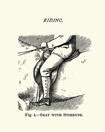 Vintage engraving of Victorian sports, Riding, Seat with stirrups, 19th Century