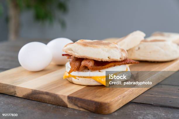 Bacon Egg And Cheese Breakfast Sandwich Stock Photo - Download Image Now - Egg - Food, English Muffin, Bacon